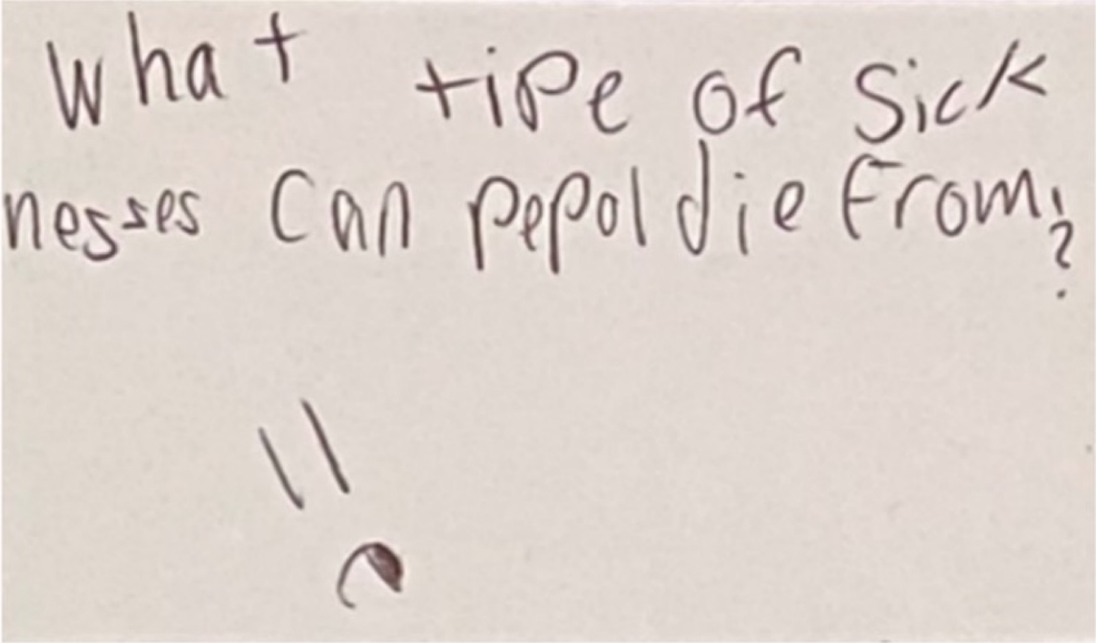 Photo d&rsquo;une carte manuscrite, avec des fautes&nbsp;: « What tipe of sicknesses can pepol die from? » (De quel sorte de maladies les gents peuvent mourir&nbsp;?)