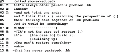 Extrait de transcription d'une première consultation de thérapie de couple, en notation d'analyse conversationnelle