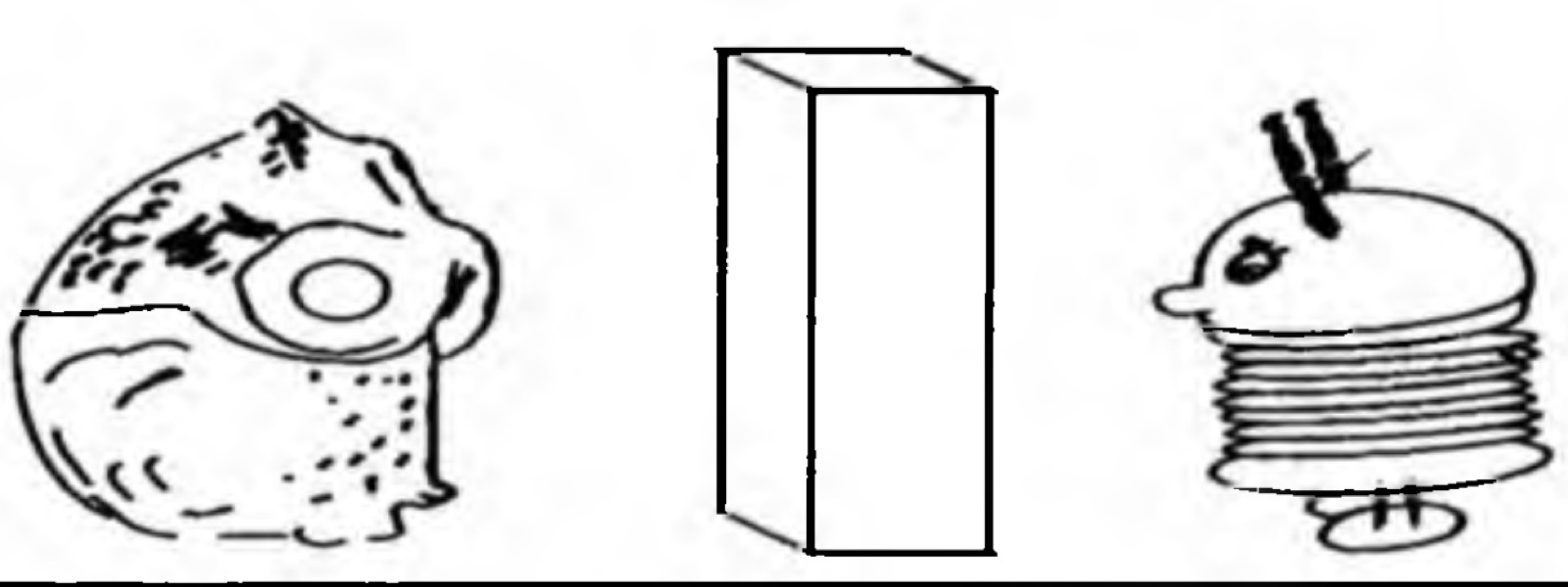 Dessin de la sculpture : le hibou et la figurine en fil de fer séparés par la boîte à notes dressée comme un mur