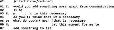 Extrait de transcription d'une première consultation de thérapie de couple, en notation d'analyse conversationnelle