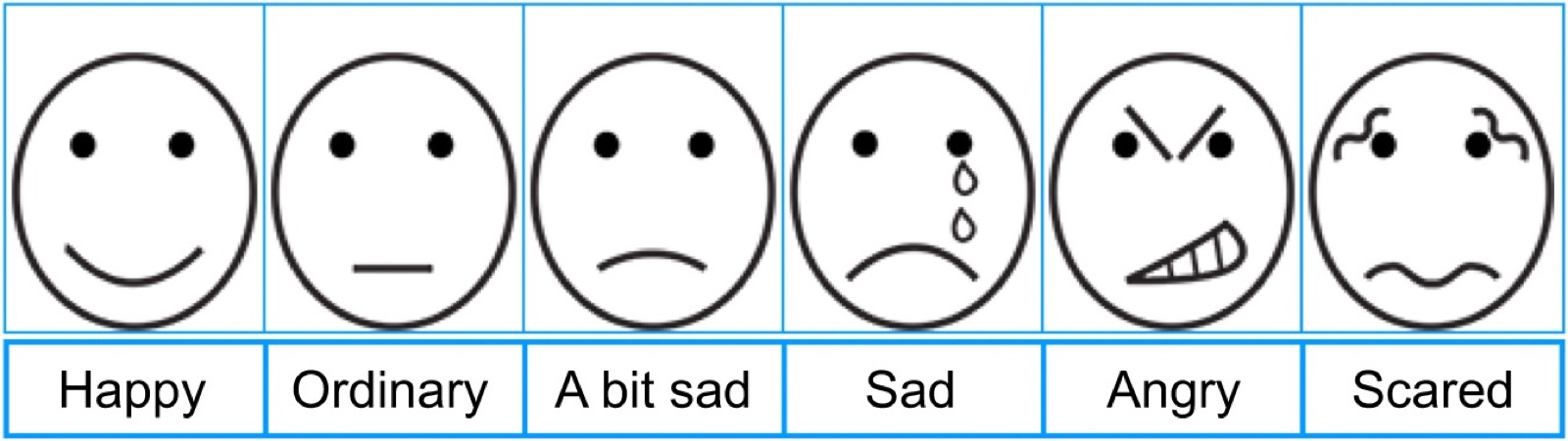 Six visages dessinés, avec les étiquettes données par un enfant&nbsp;: content, ordinaire, un peu triste, triste, en colère, effrayé