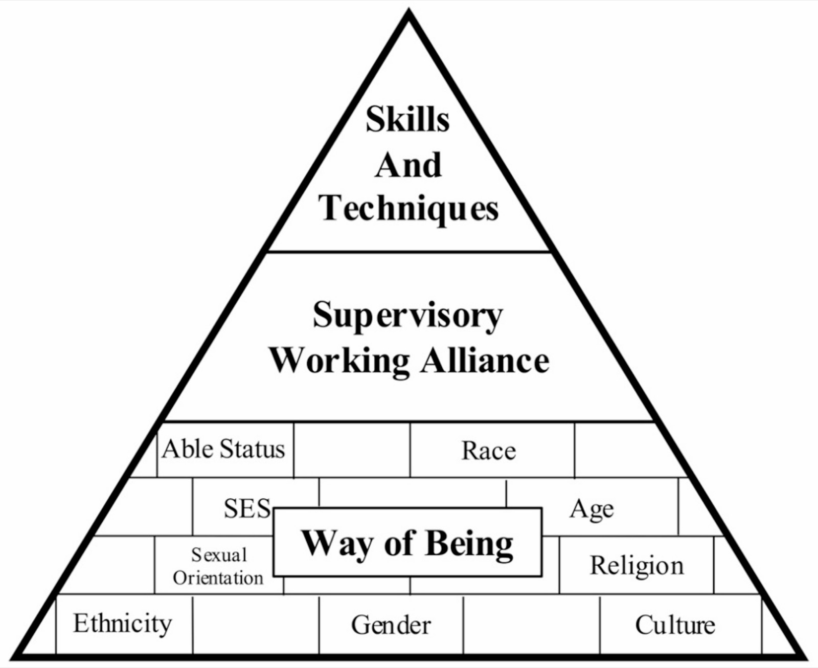 Pyramide à trois niveaux : à la base, un mur de briques (validité, statut socio-économique, orientation sexuelle, ethnicité, genre, culture, religion, âge, race) entoure la manière d&rsquo;être ; au-dessus, l&rsquo;alliance de travail en supervision ; au sommet, les compétences et techniques.