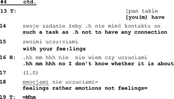 Extrait de transcription d'une première consultation de thérapie de couple, en notation d'analyse conversationnelle