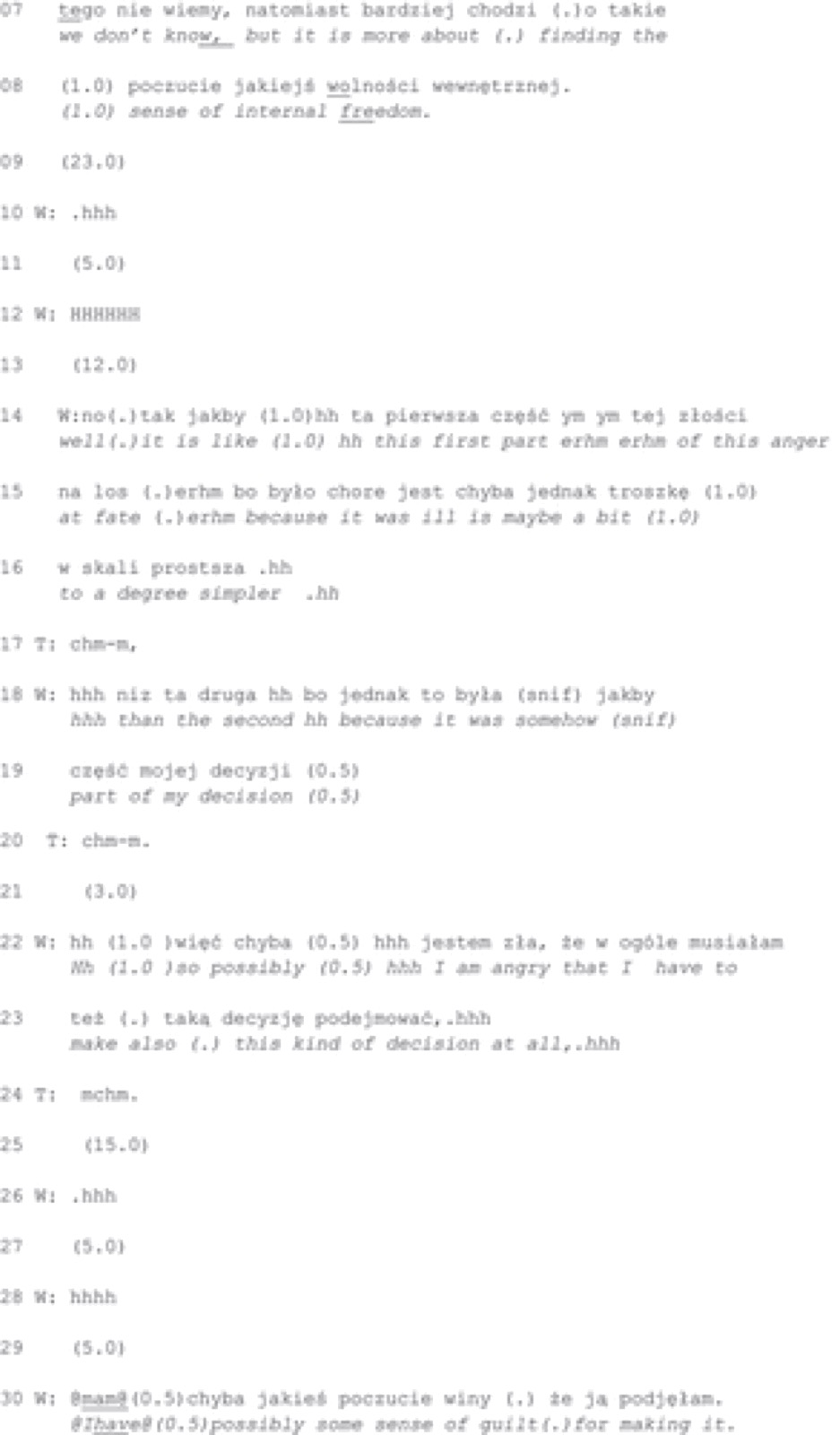 Suite de l&rsquo;extrait 3, lignes 07 à 30 : après de longs silences, l&rsquo;épouse (W) parle de sa colère contre le destin et de sa décision, puis évoque un possible sentiment de culpabilité.