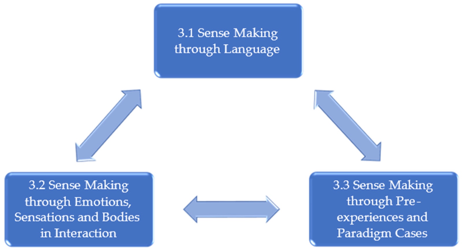 Schéma des trois sources de construction du sens : par le langage ; par les émotions, les sensations et les corps en interaction ; par les expériences antérieures et les cas paradigmatiques
