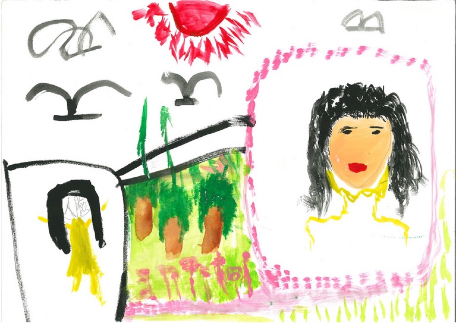Peinture conjointe d’une mère et de sa fille : espaces personnels encadrés, chemin rose rejoignant un cadre noir épaissi et jardin au centre de la feuille