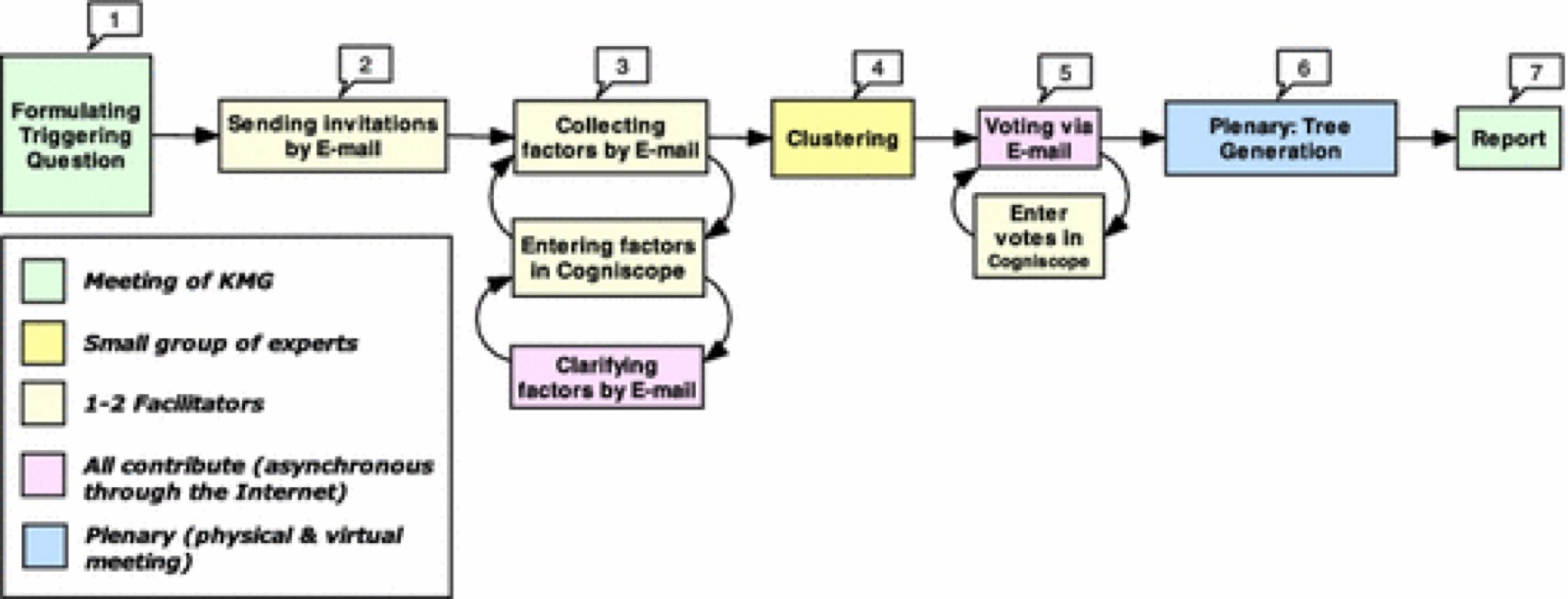 Sequence of process for a virtual SDDP co-laboratory. 1. The KMT meets to formulate the triggering question. 2. The participants receive the triggering question and the factor elec