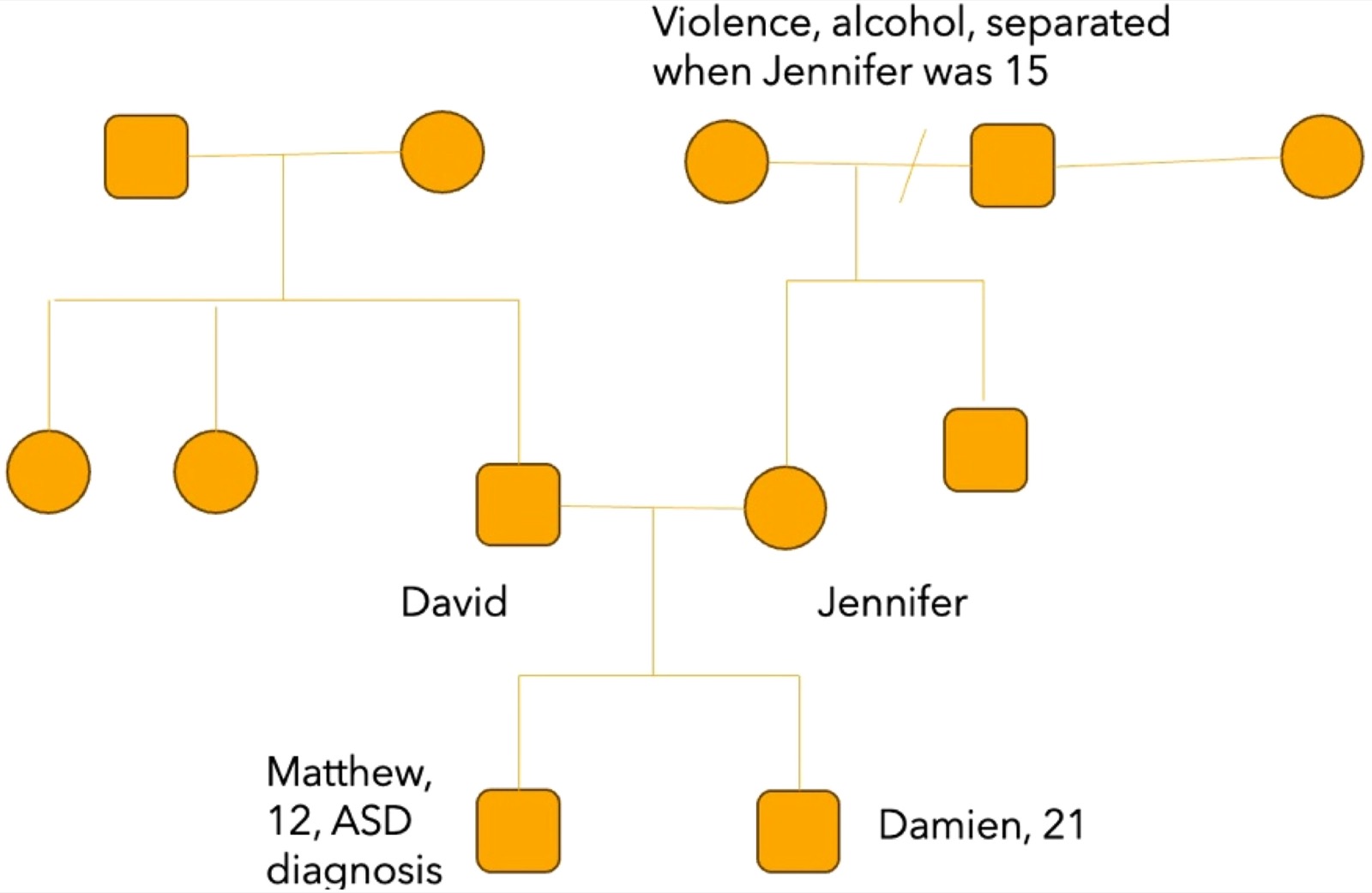 Génogramme de la famille&nbsp;: les parents de David et ses deux sœurs&nbsp;; les parents de Jennifer, séparés quand elle avait 15 ans (violence, alcool), son frère et la nouvelle compagne de son père&nbsp;; David et Jennifer, et leurs fils Matthew (12 ans, diagnostic de TSA) et Damien (21 ans)