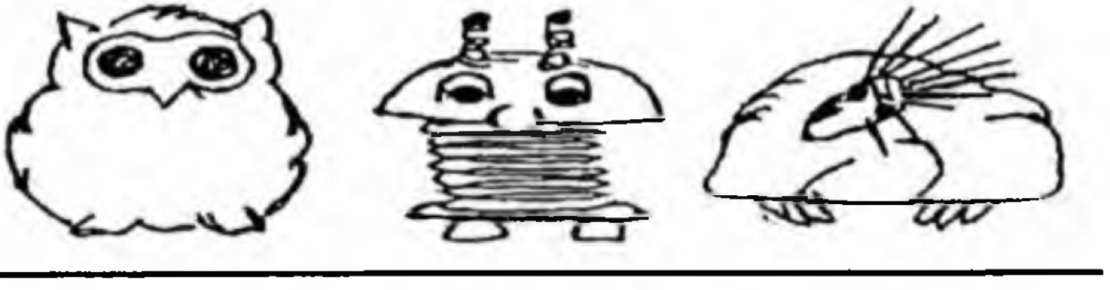 Dessin de trois objets : un hibou, une figurine en fil de fer et un petit monstre
