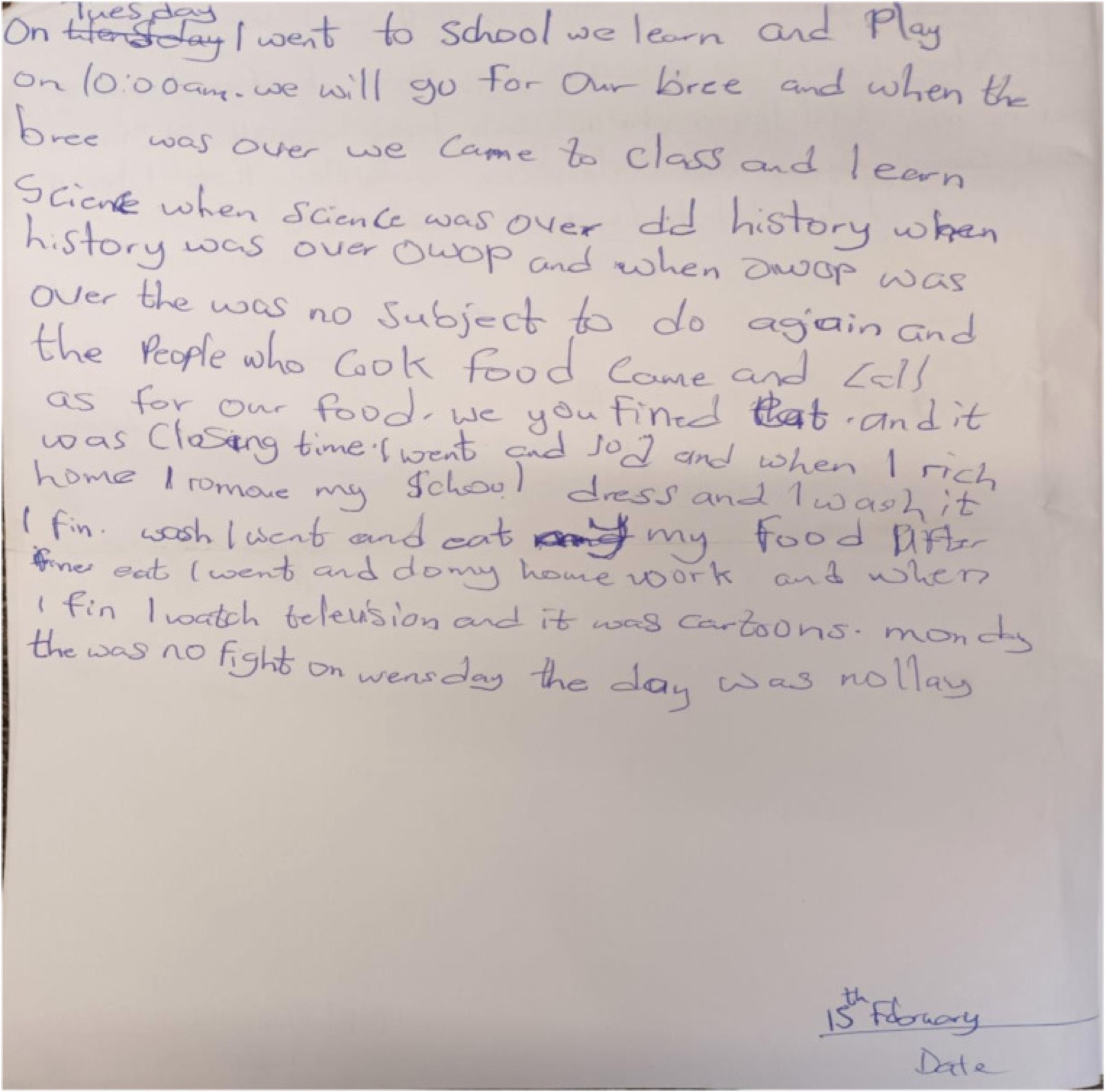 Extrait manuscrit du journal de Rosemary décrivant le déroulement habituel d&rsquo;une journée d&rsquo;école