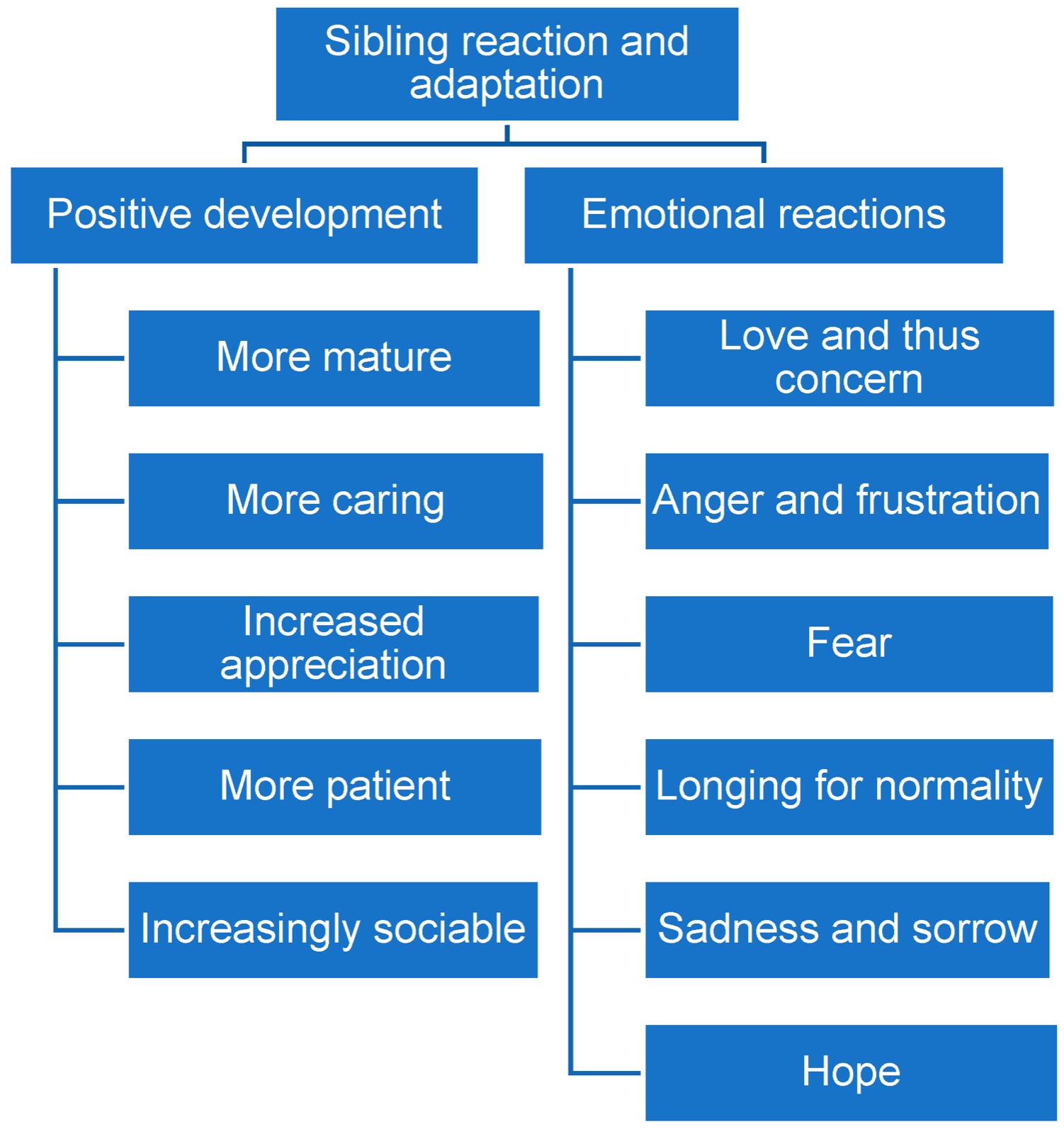 Arborescence : réaction et adaptation de la fratrie ; développement positif (plus mature, plus d’attention aux autres, reconnaissance accrue, plus de patience, de plus en plus sociable) ; réactions émotionnelles (amour et donc inquiétude, colère et frustration, peur, désir de normalité, tristesse et chagrin, espoir)