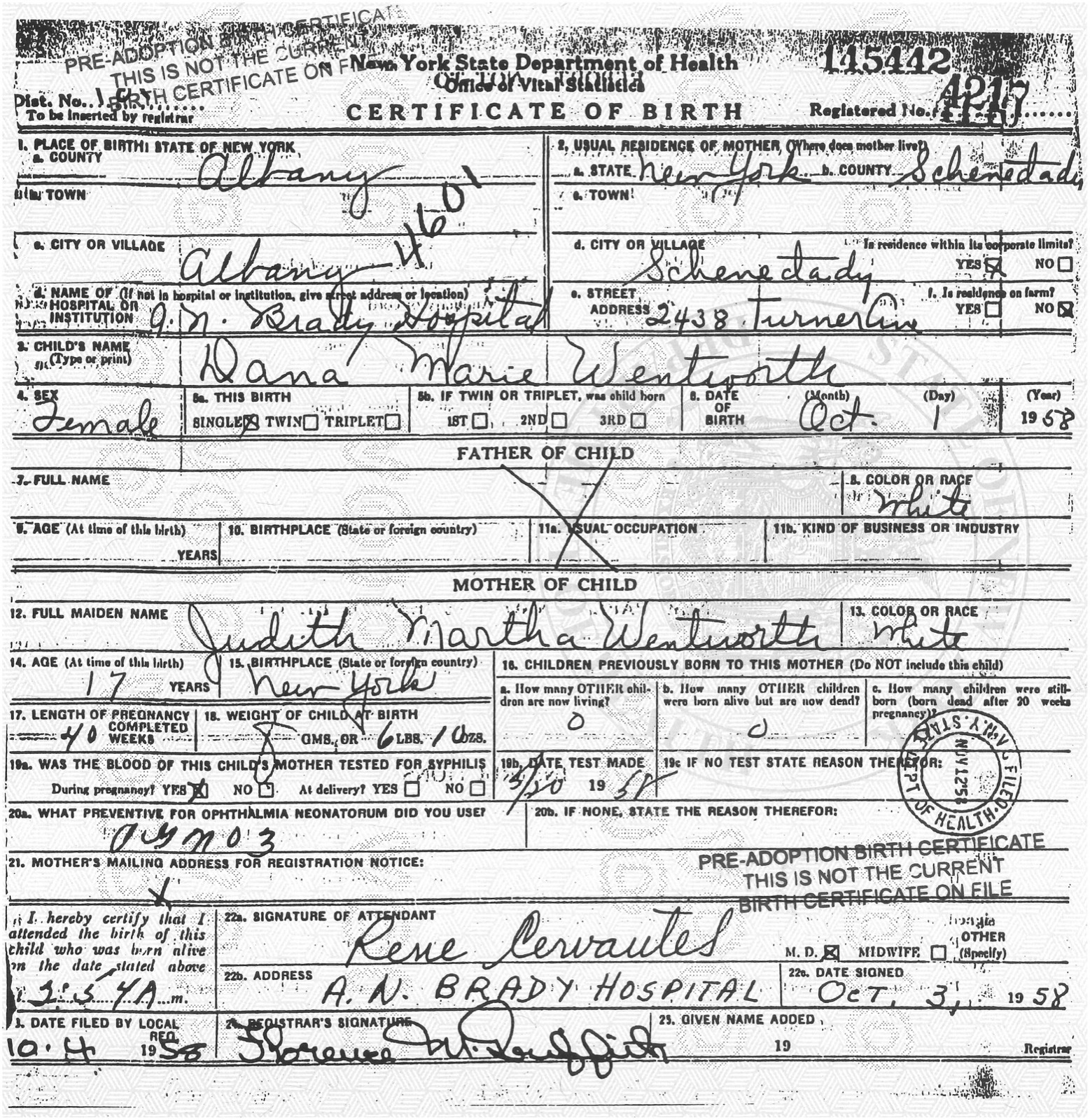 Acte de naissance original de l'autrice, établi avant l'adoption