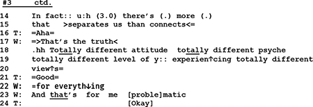 Extrait de transcription d'une première consultation de thérapie de couple, en notation d'analyse conversationnelle