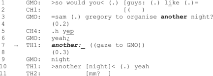 Extrait 1, transcription originale en anglais selon les conventions de l’analyse conversationnelle