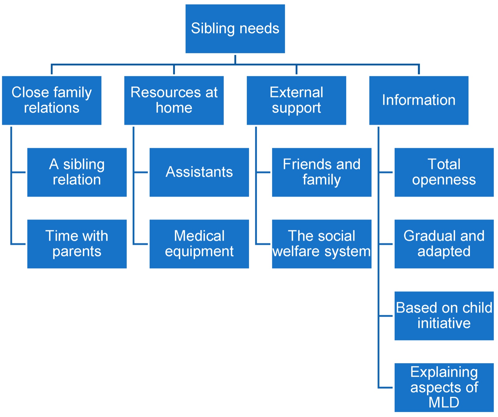 Arborescence : besoins de la fratrie ; relations familiales proches (une relation fraternelle, du temps avec les parents) ; ressources à domicile (personnes qui assistent la famille, équipement médical) ; soutien extérieur (amis et famille, système de protection sociale) ; information (ouverture totale, progressive et adaptée, à l’initiative de l’enfant, expliquer certains aspects de la LDM)