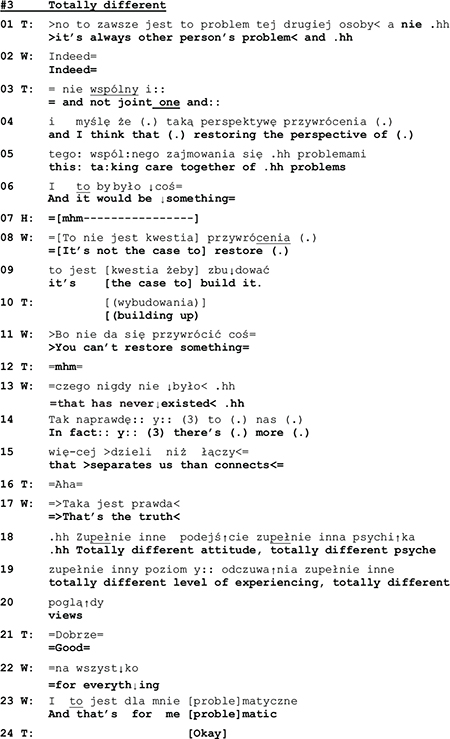 Extrait de transcription d'une première consultation de thérapie de couple, en notation d'analyse conversationnelle