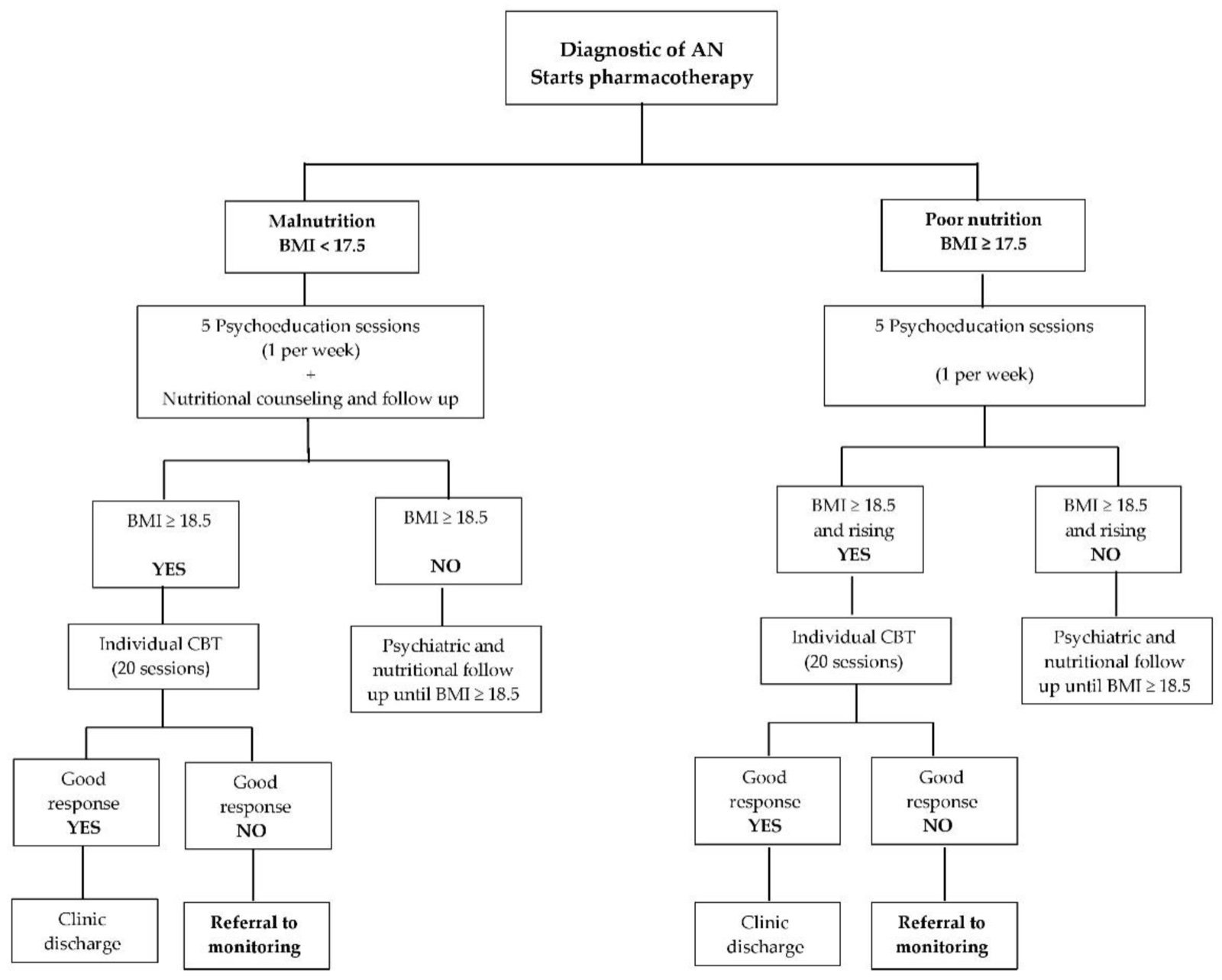 Algorithm of treatment for AN used at the CED. Time elapsed from admission to the clinic to referral to monitoring, varies depending on each patient’s individual response, number o