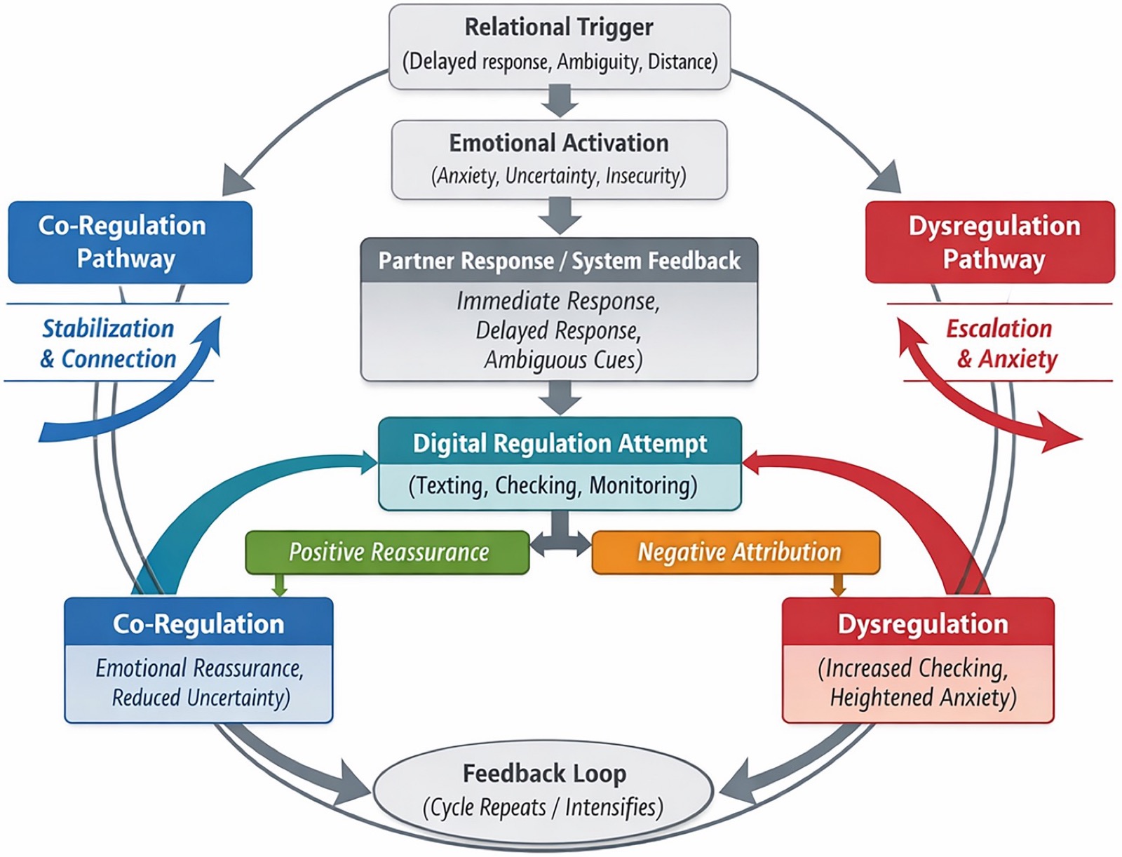 Schéma circulaire. En haut, un déclencheur relationnel (réponse différée, ambiguïté, distance) entraîne une activation émotionnelle (anxiété, incertitude, insécurité), puis une réponse du partenaire ou rétroaction du système (réponse immédiate, réponse différée, indices ambigus), puis une tentative de régulation numérique (messages, vérification, surveillance). Celle-ci aboutit soit à une réassurance positive menant à la co-régulation (réassurance émotionnelle, incertitude réduite), sur la voie de gauche : stabilisation et lien ; soit à une attribution négative menant à la dysrégulation (vérifications accrues, anxiété renforcée), sur la voie de droite : escalade et anxiété. En bas, une boucle de rétroaction : le cycle se répète ou s'intensifie.