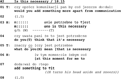 Extrait de transcription d'une première consultation de thérapie de couple, en notation d'analyse conversationnelle