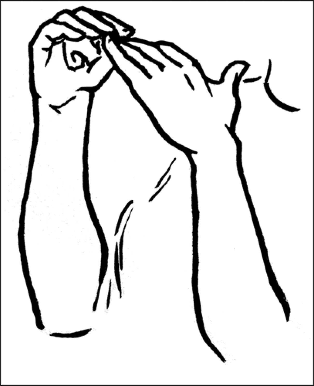 Dessin au trait de deux mains : l&rsquo;une, repliée, forme une sorte de couvercle au-dessus de l&rsquo;autre.