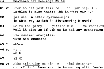 Extrait de transcription d'une première consultation de thérapie de couple, en notation d'analyse conversationnelle