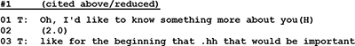 Extrait de transcription d'une première consultation de thérapie de couple, en notation d'analyse conversationnelle