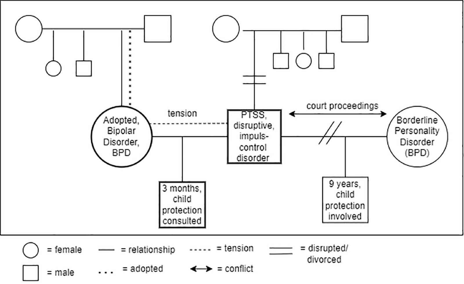 Génogramme : la mère, adoptée, avec un trouble bipolaire et un trouble de la personnalité borderline, a un frère et une sœur dans sa famille adoptive ; une tension la relie au père. Celui-ci, coupé de sa propre famille (trois frères et sœurs), présente un TSPT et un trouble disruptif, du contrôle des impulsions ; ils ont un fils de 3 mois, pour lequel la protection de l'enfance a été consultée. Le père a aussi, d'une précédente union rompue avec une femme ayant un trouble de la personnalité borderline, un fils de 9 ans suivi par la protection de l'enfance ; une flèche signale le conflit et les procédures judiciaires entre les ex-partenaires. Légende : cercle = femme, carré = homme, trait plein = relation, tirets = tension, pointillés = adoption, double trait = rupture ou divorce, double flèche = conflit.