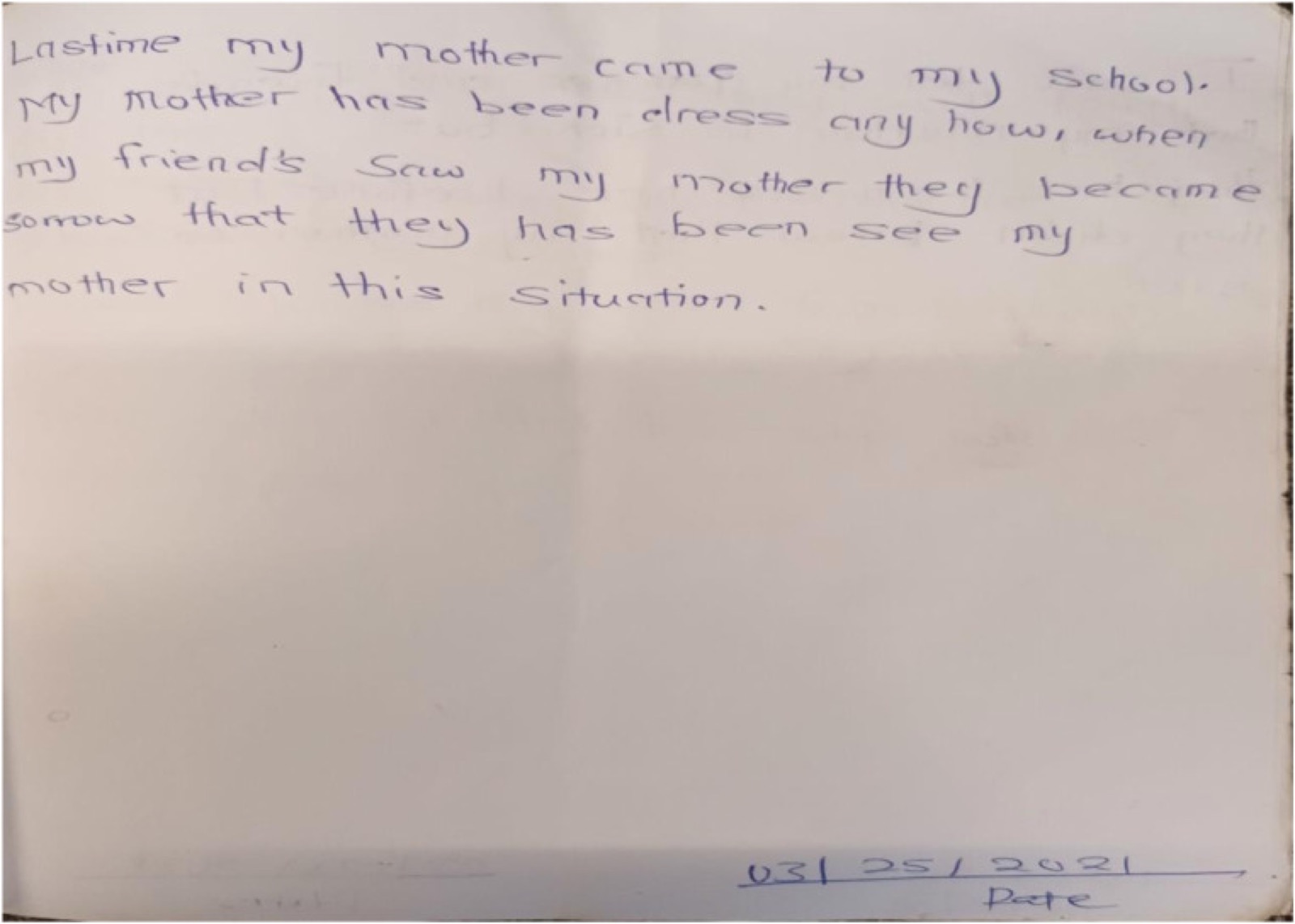 Extrait manuscrit du journal de Naomi, qui ne veut pas que son parent soit vu à l&rsquo;école dans un mauvais état psychique