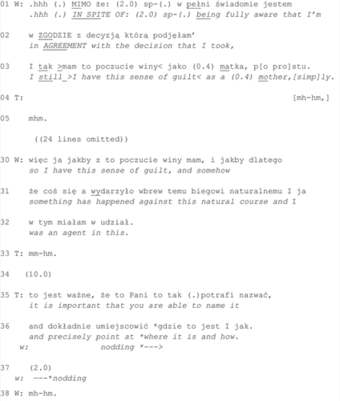 Extrait 6, séance 10, lignes 01 à 38 : l&rsquo;épouse (W) dit être pleinement d&rsquo;accord avec sa décision tout en ayant un sentiment de culpabilité en tant que mère, parce que quelque chose est arrivé contre le cours naturel et qu&rsquo;elle y a pris part ; la thérapeute (T) souligne qu&rsquo;il est important de pouvoir le nommer ; l&rsquo;épouse hoche la tête.