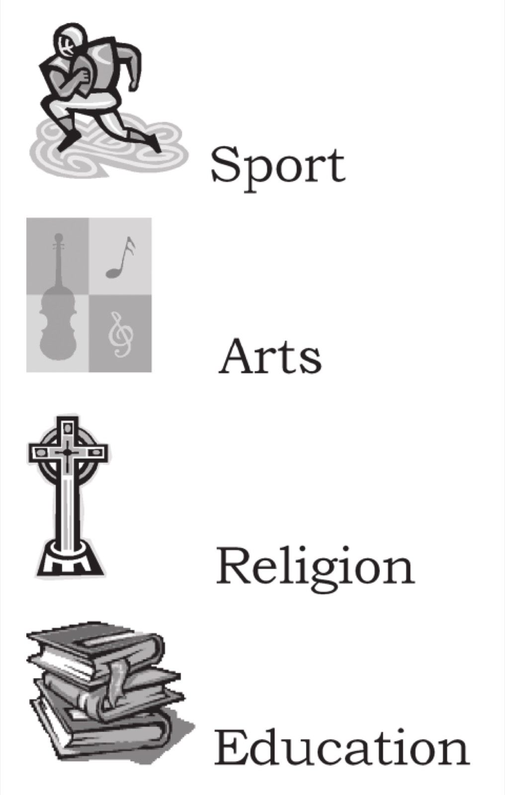 Quatre symboles : un joueur de rugby pour le sport, un violon et des notes pour les arts, une croix pour la religion, une pile de livres pour l&rsquo;éducation