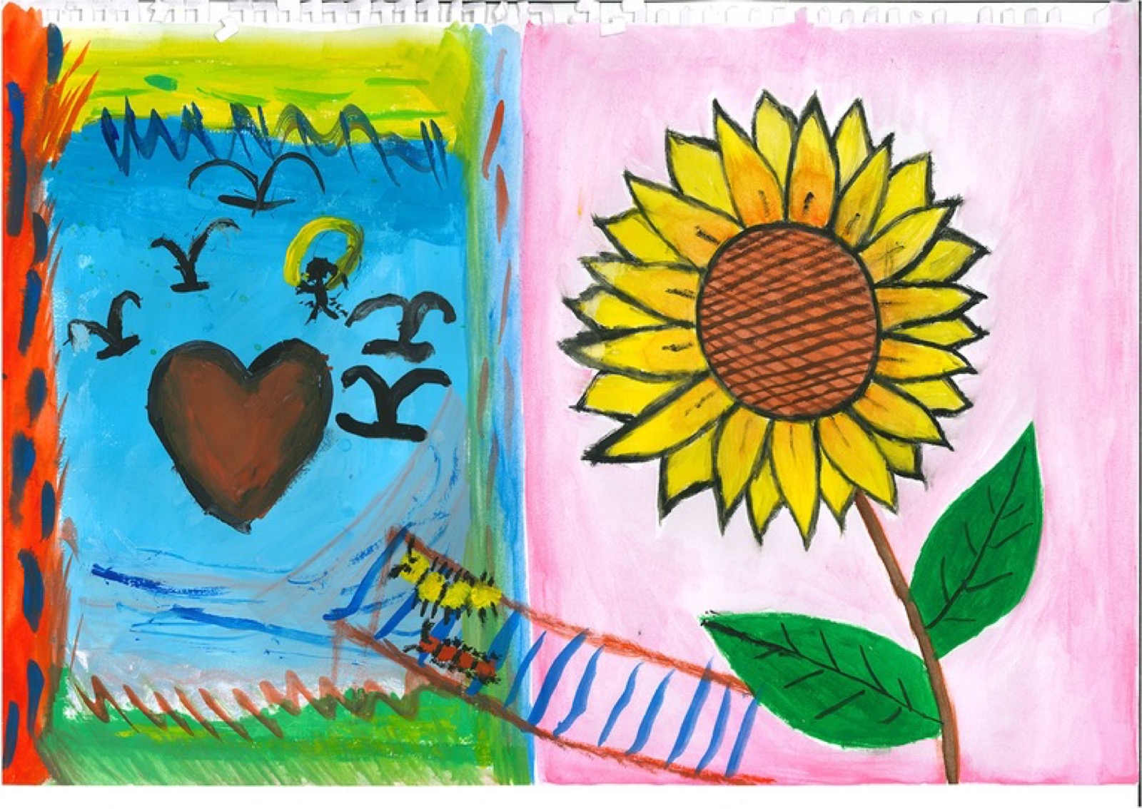 Peinture conjointe d’une mère et de son fils : cœur, tournesol et, en bas de la feuille, un pont bleu et rouge sur lequel marchent deux fourmis