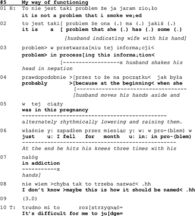 Extrait de transcription d'une première consultation de thérapie de couple, en notation d'analyse conversationnelle