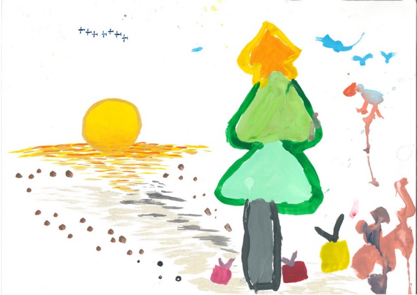 Peinture conjointe d’une mère et de son fils : soleil, oiseaux, sapin de Noël surmonté d’une étoile et chemins en pointillés reliant les espaces personnels