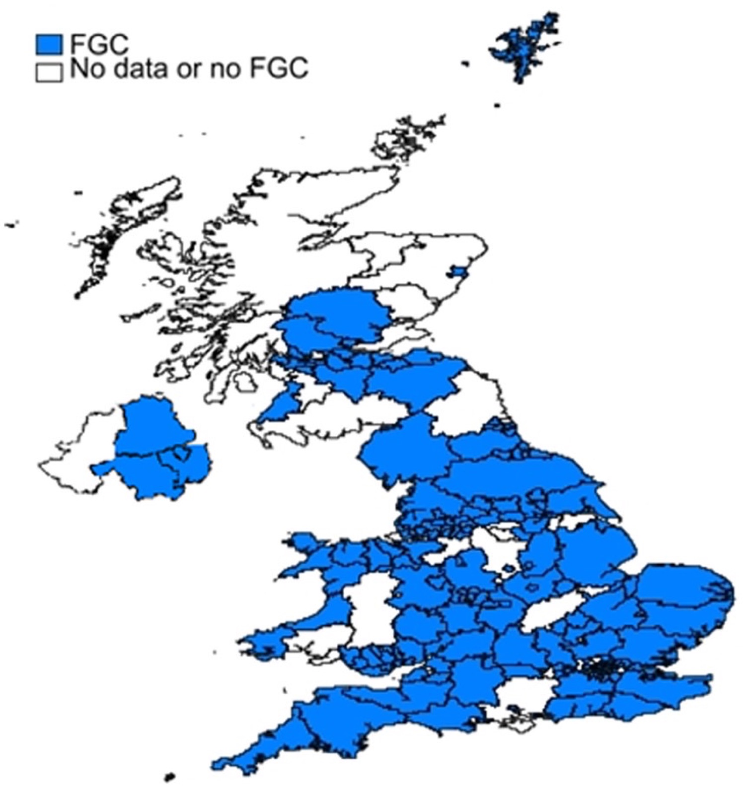 Carte du Royaume-Uni découpée par collectivité locale&nbsp;: en bleu, les collectivités qui proposent des FGC, soit la grande majorité de l&rsquo;Angleterre et du pays de Galles, une partie de l&rsquo;Écosse et de l&rsquo;Irlande du Nord&nbsp;; en blanc, celles pour lesquelles il n&rsquo;y a pas de données ou pas de FGC, notamment une grande partie du nord et de l&rsquo;ouest de l&rsquo;Écosse.