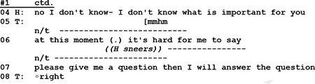 Extrait de transcription d'une première consultation de thérapie de couple, en notation d'analyse conversationnelle