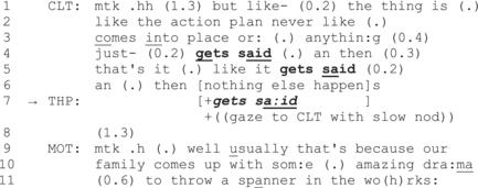 Extrait 7, transcription originale en anglais selon les conventions de l’analyse conversationnelle