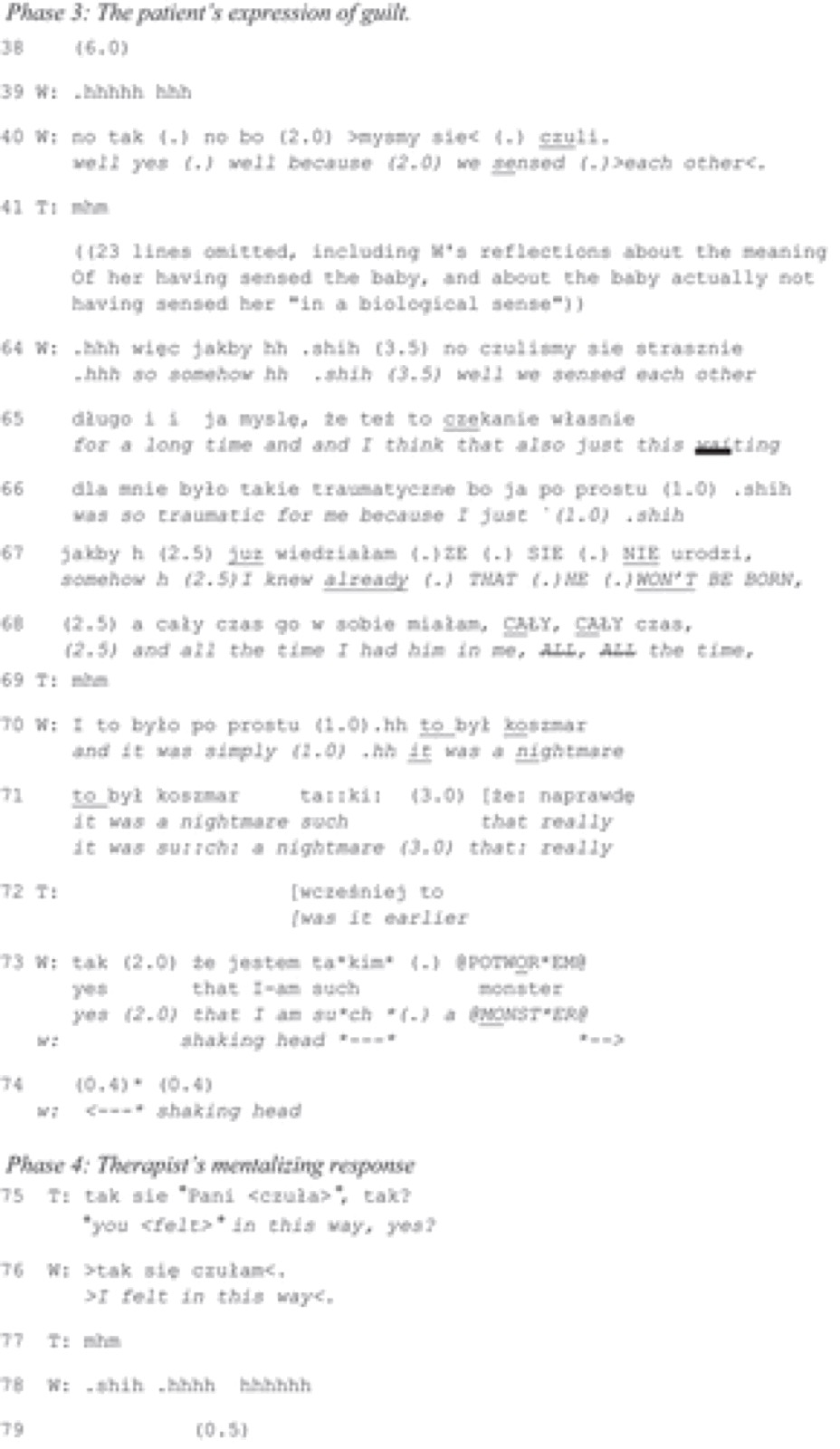 Suite de l&rsquo;extrait 2, lignes 38 à 79 : expression de la culpabilité par l&rsquo;épouse, qui se dit « un tel monstre » en secouant la tête (phase 3), puis réponse mentalisante de la thérapeute (phase 4).