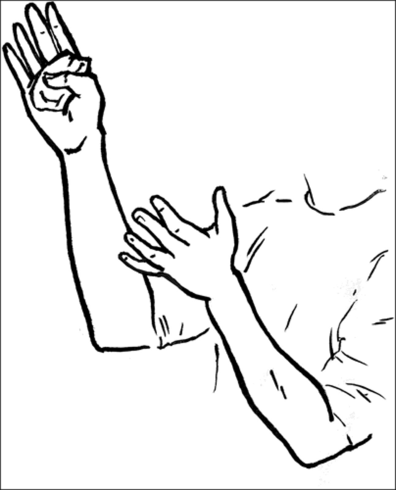 Dessin au trait des mains de l&rsquo;épouse, largement ouvertes, à la fin du geste d&rsquo;ouverture.