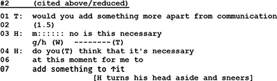 Extrait de transcription d'une première consultation de thérapie de couple, en notation d'analyse conversationnelle
