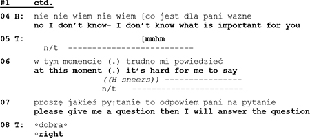 Extrait de transcription d'une première consultation de thérapie de couple, en notation d'analyse conversationnelle
