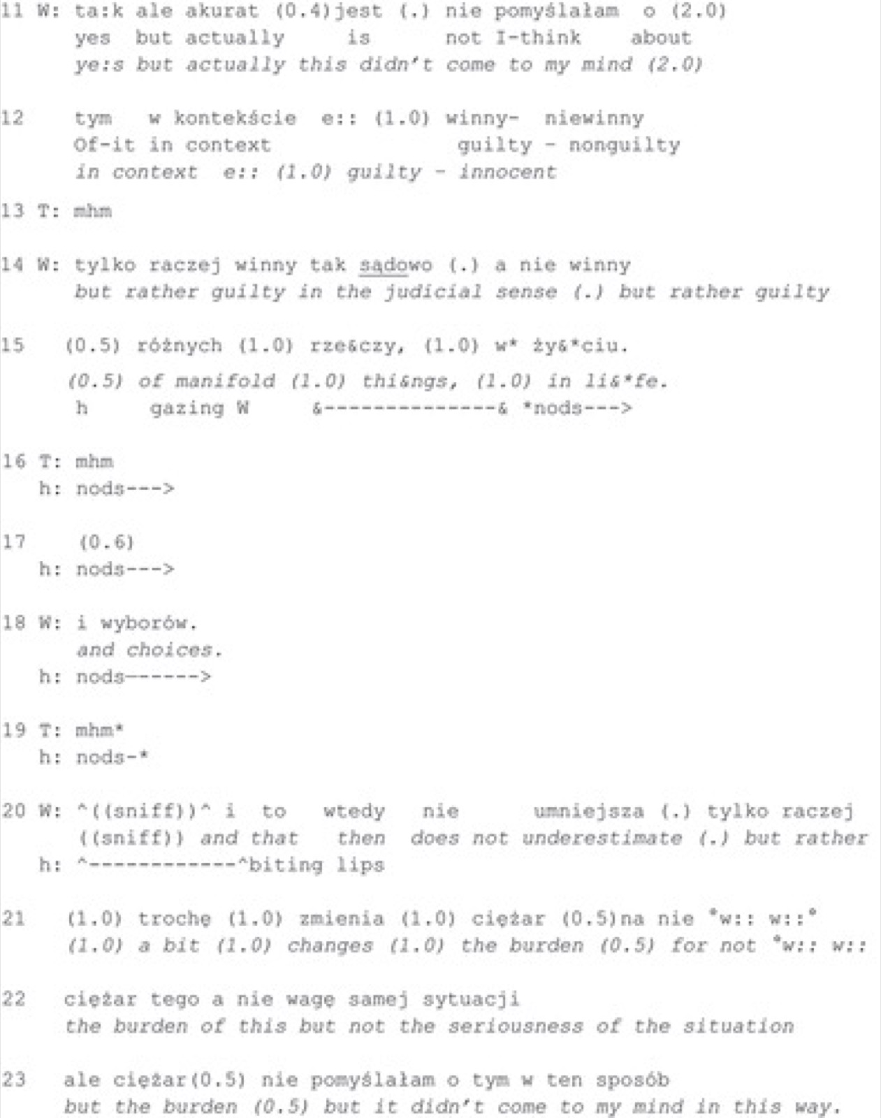Suite de l&rsquo;extrait 5, lignes 11 à 23 : l&rsquo;épouse dit n&rsquo;avoir pas pensé la culpabilité ainsi, plutôt au sens judiciaire, et que cette vision change le poids qu&rsquo;elle porte ; le mari (h) hoche la tête et se mord les lèvres.