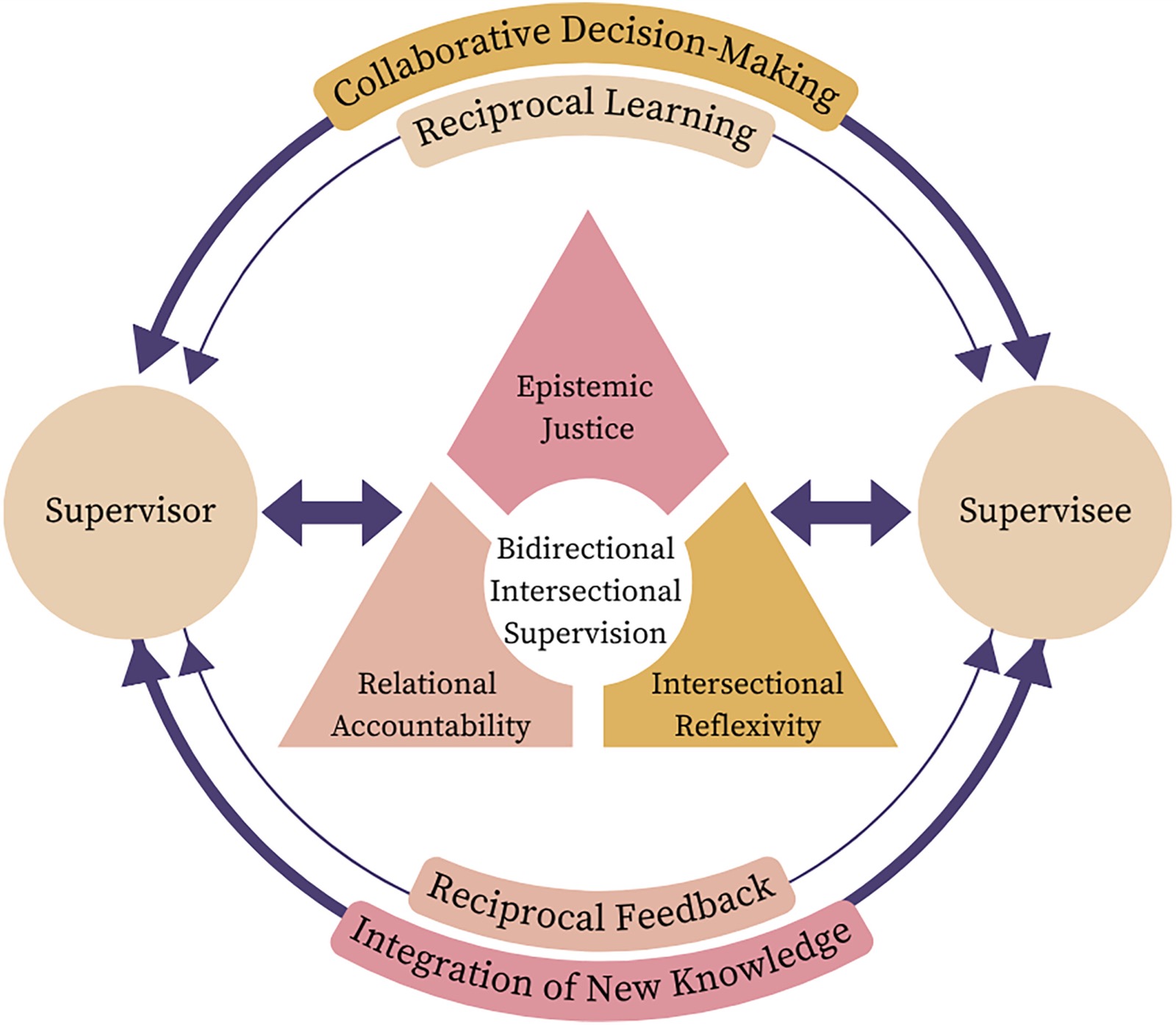 Schéma du modèle de supervision intersectionnelle bidirectionnelle : trois engagements (justice épistémique, réflexivité intersectionnelle, responsabilité relationnelle) et quatre pratiques centrales