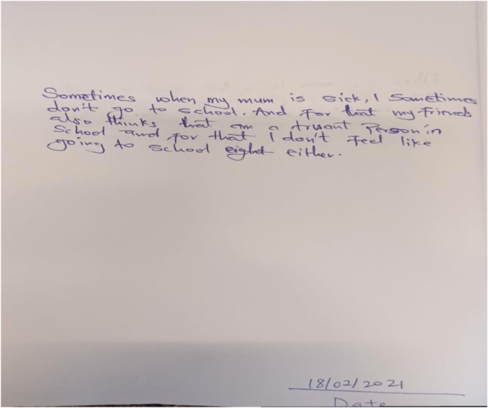 Extrait manuscrit du journal de Christabel, qui a dû rester à la maison au lieu d&rsquo;aller à l&rsquo;école à cause de la maladie de son parent