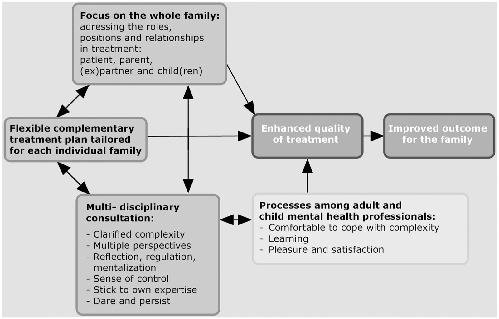 Schéma : trois éléments clés reliés entre eux par des flèches doubles (centrer sur la famille entière en abordant les rôles, positions et relations de patient, parent, ex-partenaire et enfants ; plan de traitement souple et complémentaire ajusté à chaque famille ; concertation pluridisciplinaire : complexité clarifiée, perspectives multiples, réflexion, régulation, mentalisation, sentiment de maîtrise, s’en tenir à sa propre expertise, oser et persévérer) mènent à une meilleure qualité du traitement, puis à de meilleurs résultats pour la famille ; la concertation alimente aussi les processus entre professionnels (être à l’aise face à la complexité, apprendre, plaisir et satisfaction)