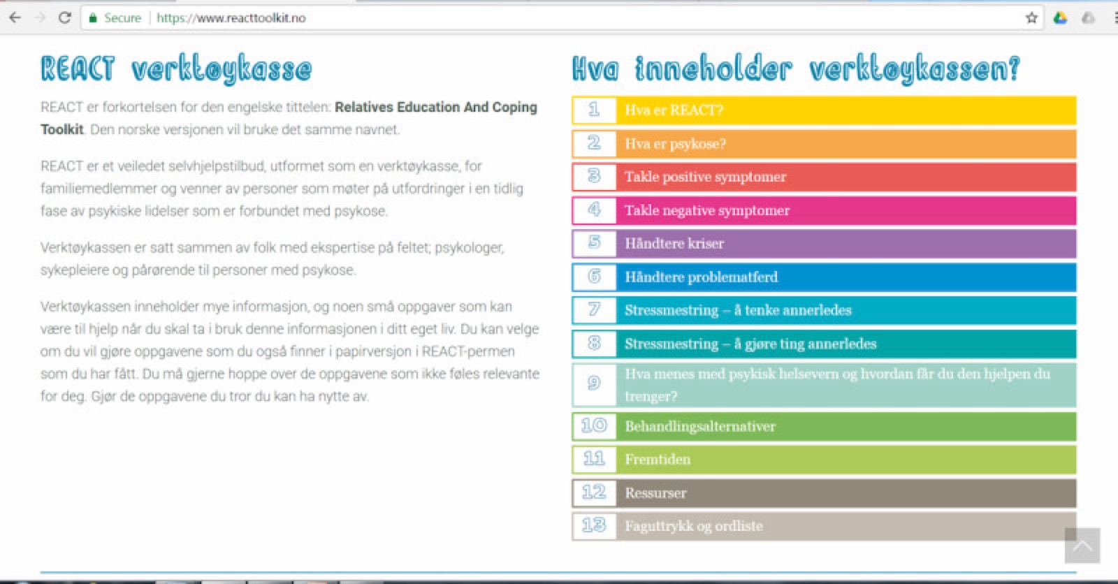 Bildschirmfoto der Webseite mit der Einführung und einer Liste der verschiedenen Module.